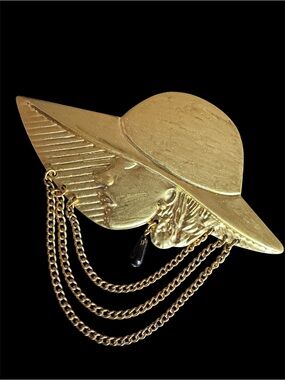 Large Vintage Lady Wearing Hat Gold Brooch